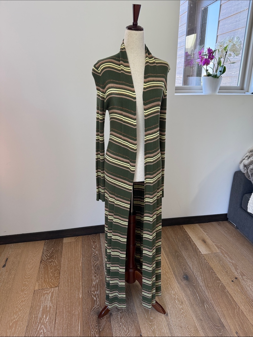 L'AGENCE Olive Green Striped Long Cardigan